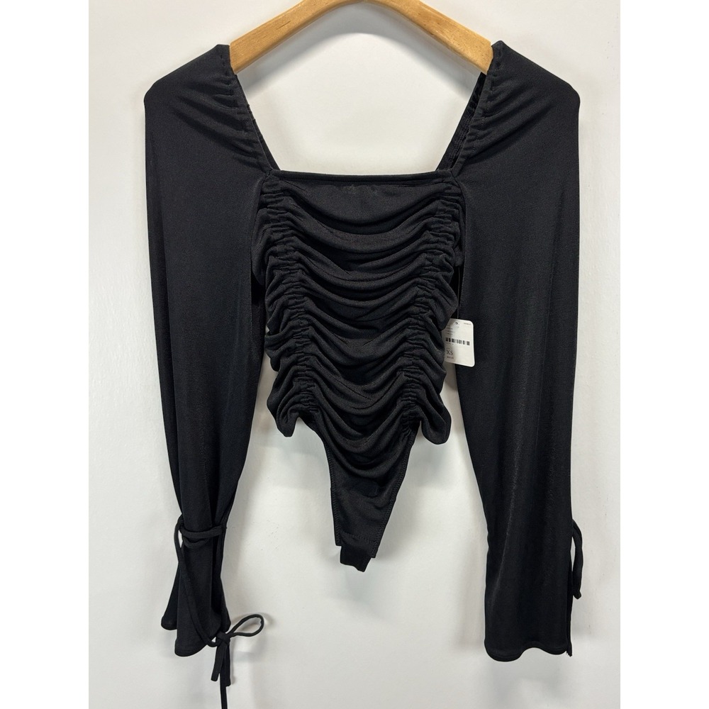 NEW! Free People Meant To Be Ruched Bodysuit Shirt Sz XS Womens Black Goth Vamp